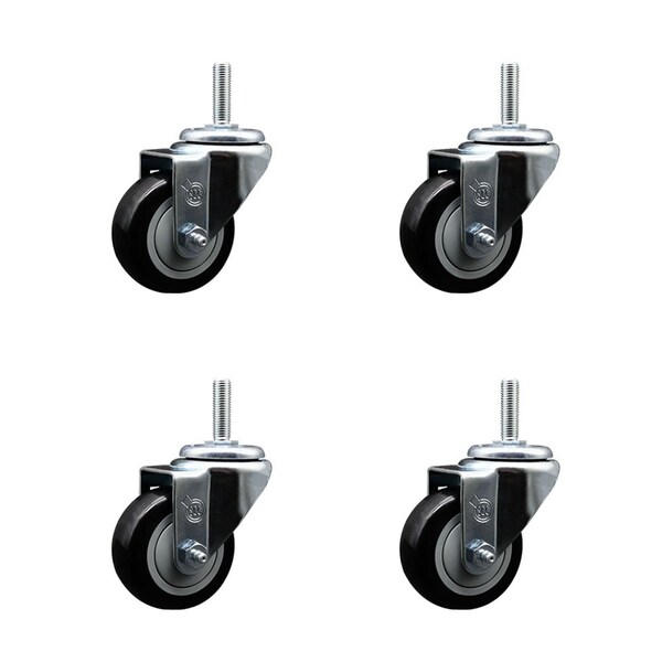 3 Inch Black Polyurethane Wheel Swivel 34 Inch Threaded Stem Caster Set Service Caster